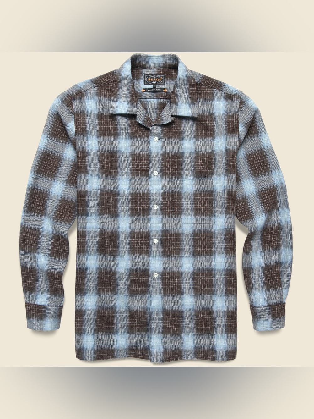 BEAMS+ Plus Open Collar Ombre Plaid Long Sleeve Mid Weight Shirt Blue Brown XL